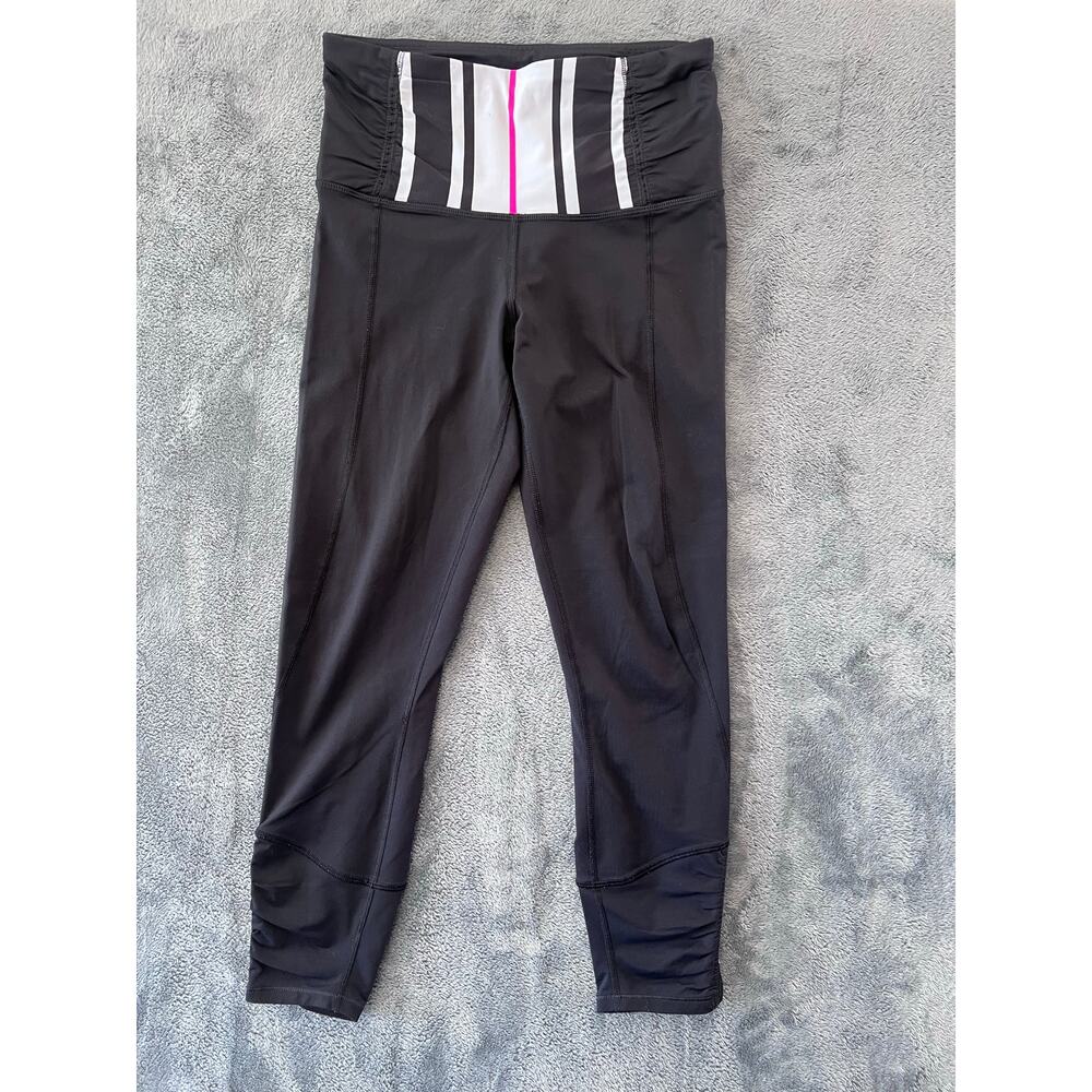Lululemon leggings stripe waist panel pockets zipper ruched ankle Sz4 activewear